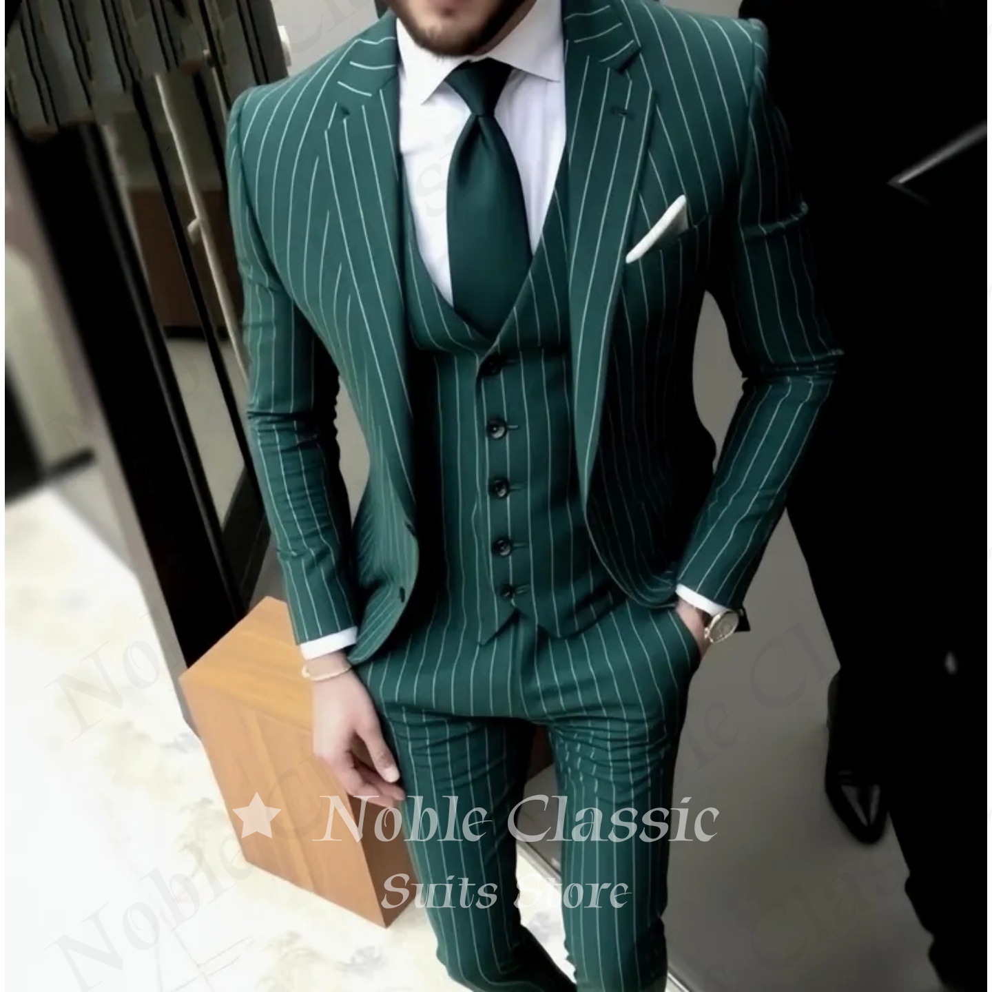 Men Formal Wear Wedding Guest - Męski garnitur zielony w paski, slim