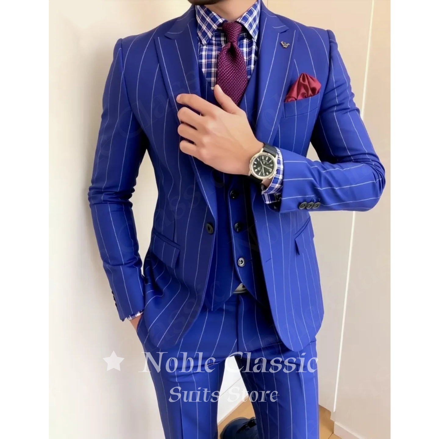 Men Formal Wear Wedding Guest - Męski niebieski garnitur w prążki, 3-częściowy,