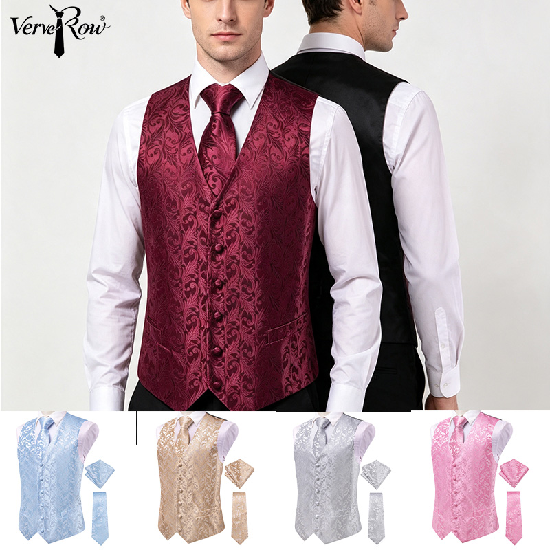 Men Formal Wear With Tie - VerveRow Męski Bordowy Garniturowy Żakardowy Zestaw