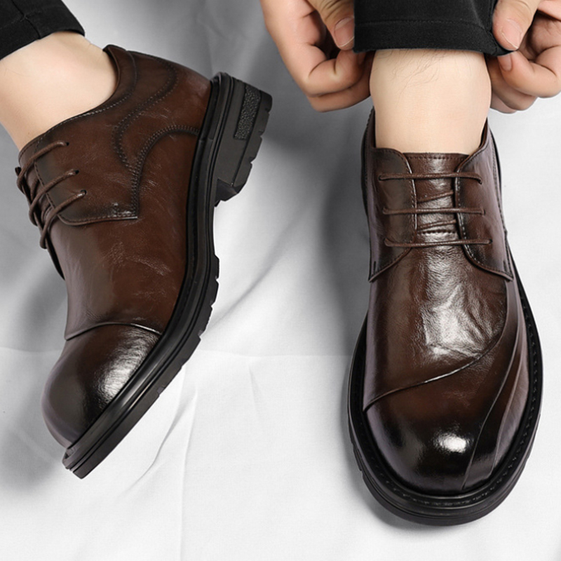 Formal Men Daily Wear Shoes - Brązowe, postarzane, skórzane, sznurowane buty na