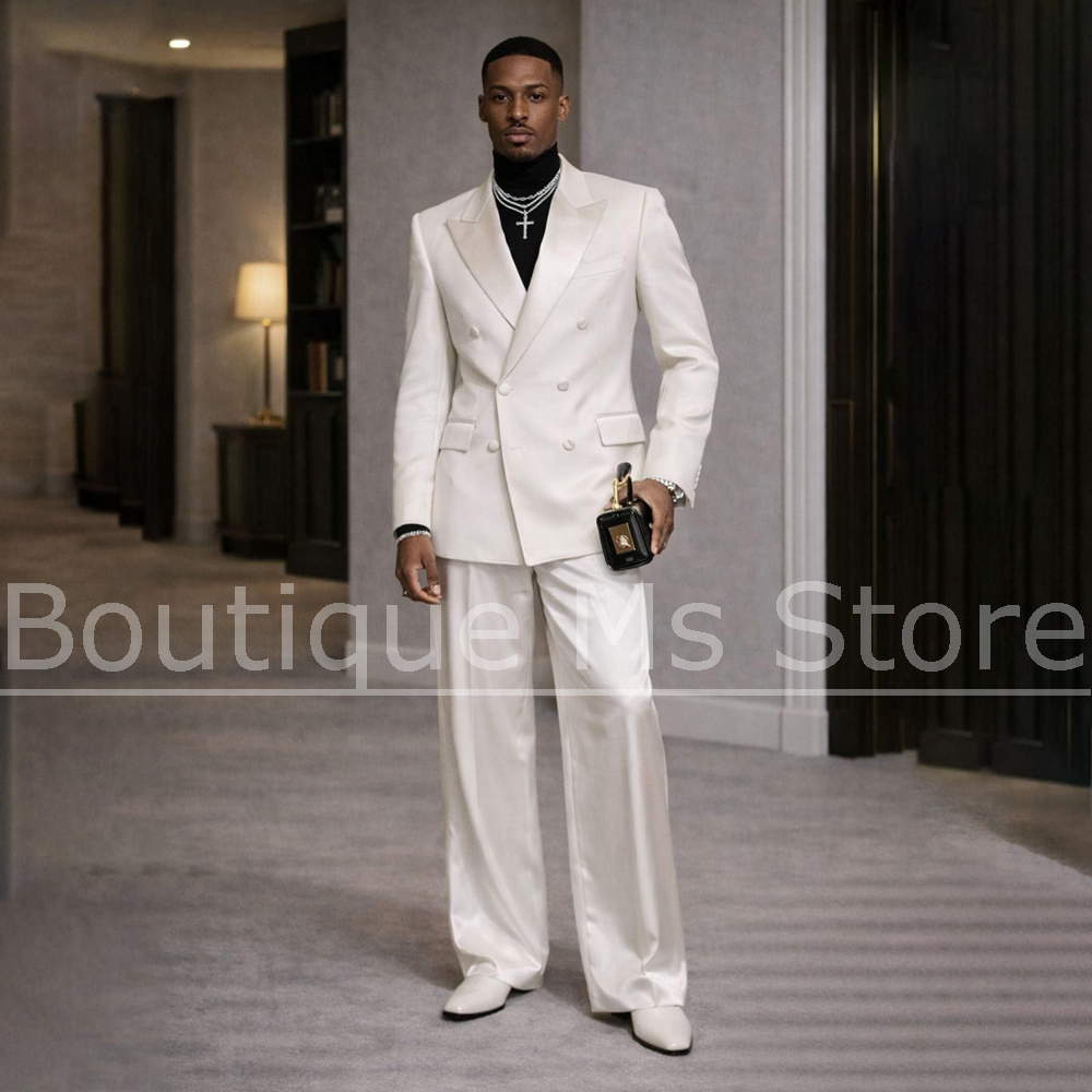 Men'S Formal Wear In Wedding - Męski biały satynowy garnitur dwuczęściowy dwurzędowy