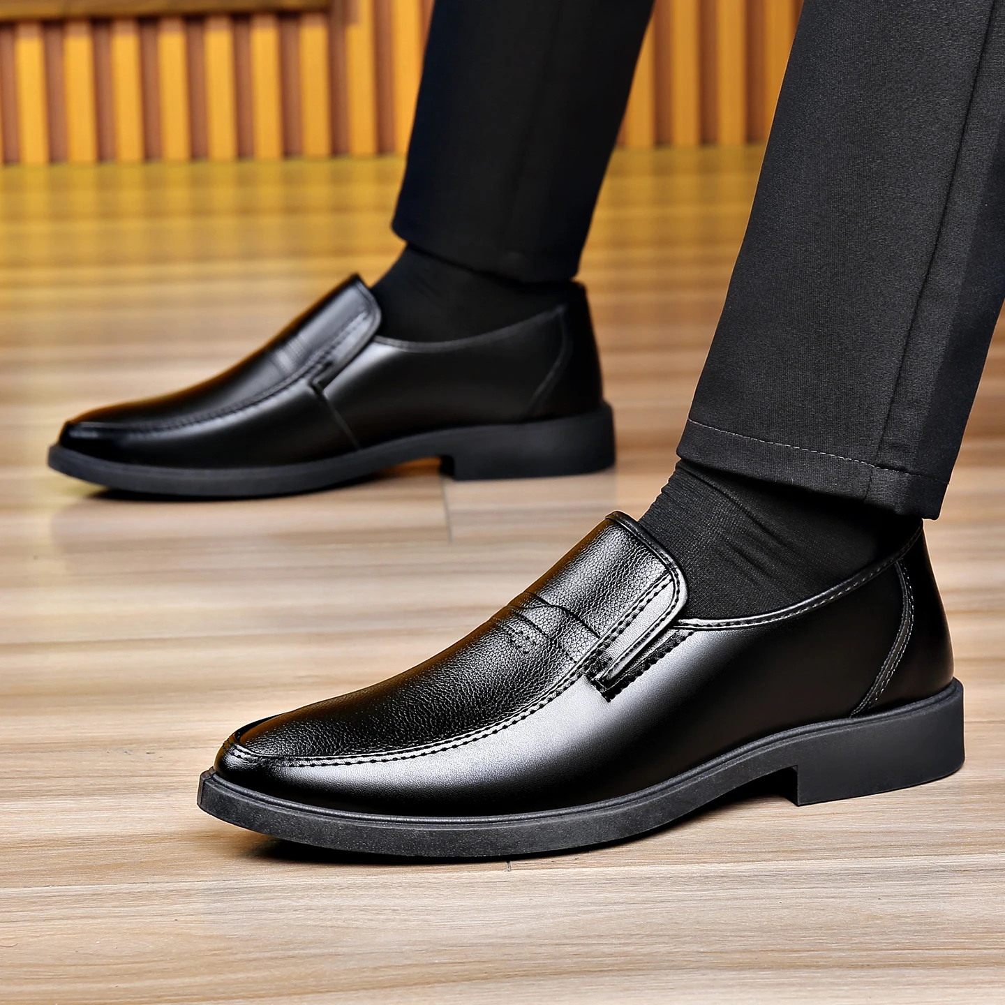 Formal Men Daily Wear Shoes - Męskie wsuwane skórzane buty biznesowe, czarne,