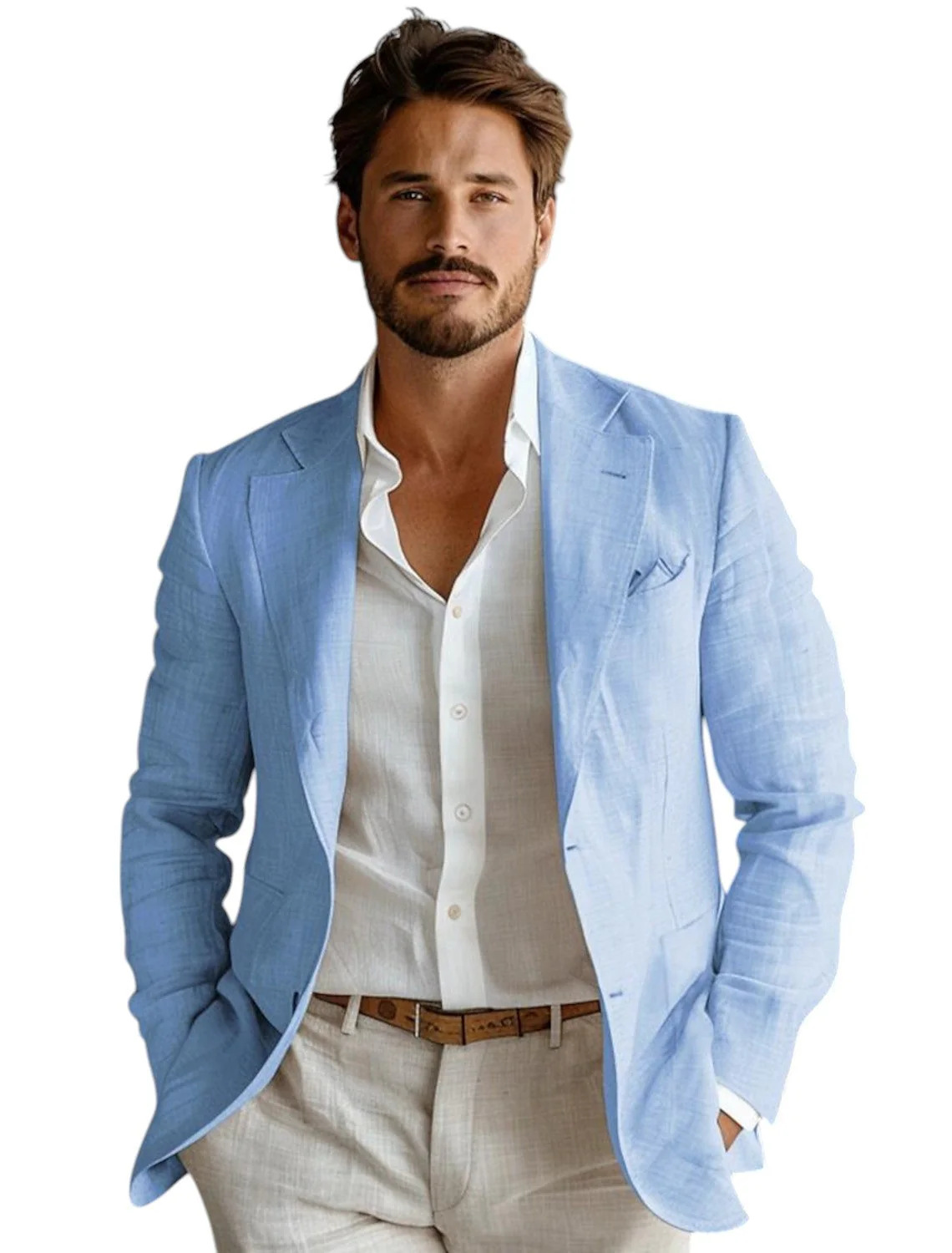 Formal Men Party Wear Jacket - Niebieska, dopasowana lniana marynarka męska, casualowa,
