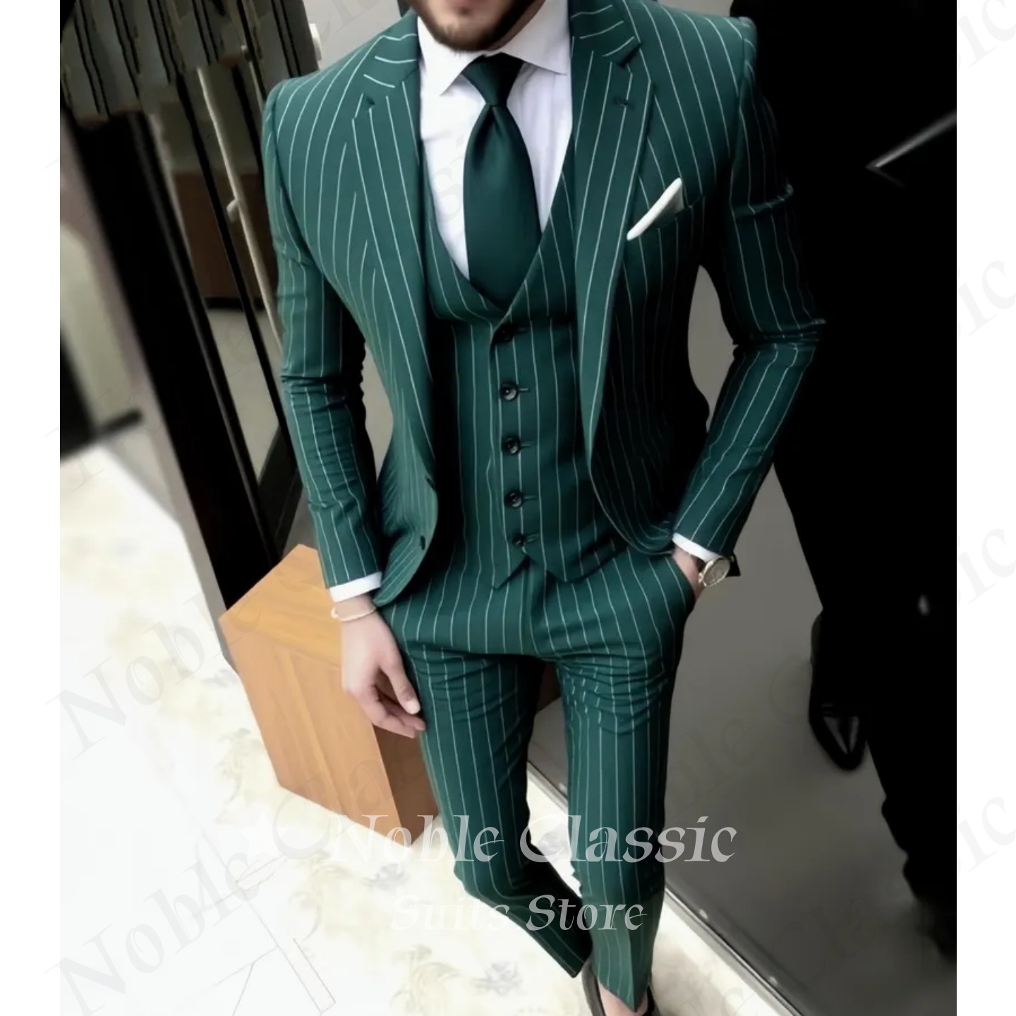Męski garnitur zielony w paski – Men Formal Wear Wedding Guest recenzja i cena