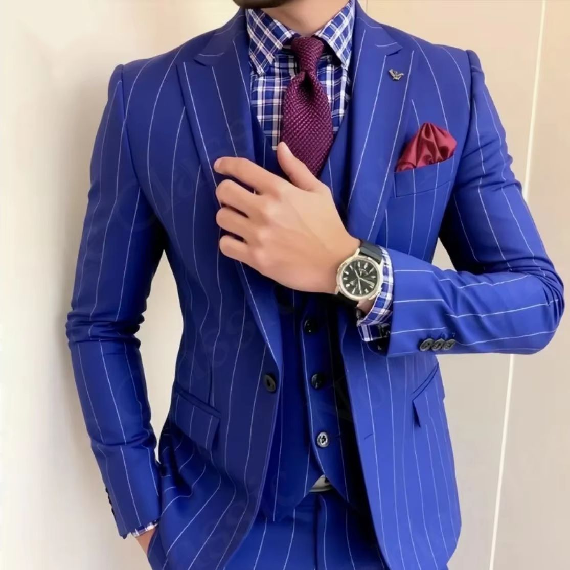 Męski niebieski garnitur w prą – Men Formal Wear Wedding Guest recenzja i cena