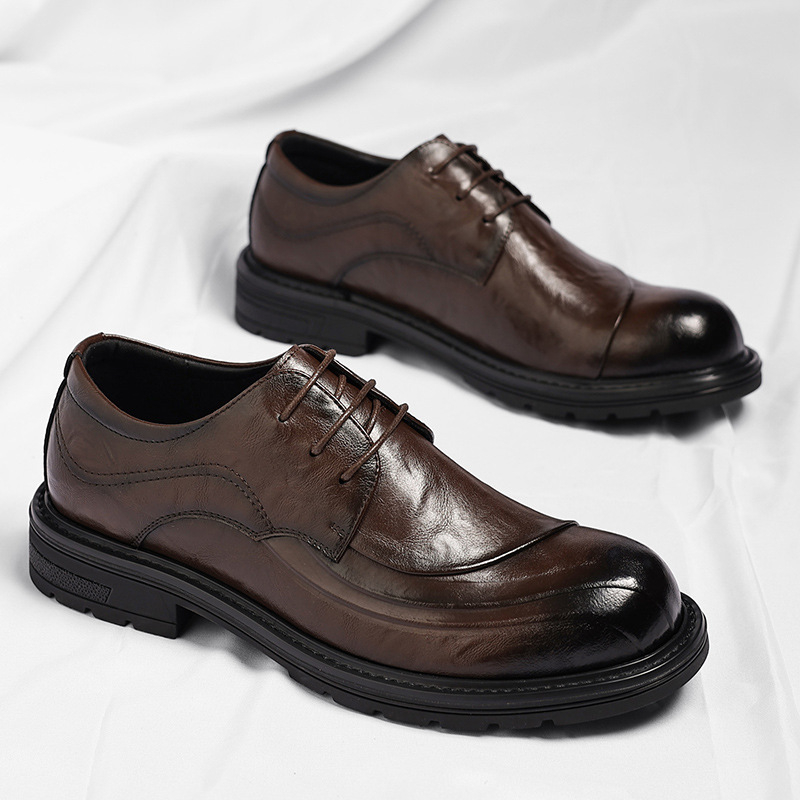 Brązowe, postarzane, skórzane, – Formal Men Daily Wear Shoes recenzja i cena